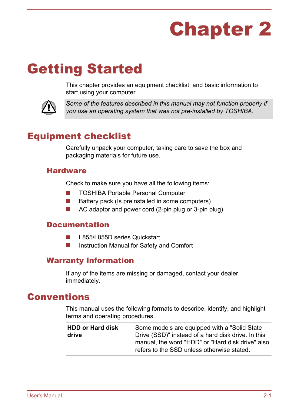 Chapter 2 getting started, Equipment checklist, Hardware | Documentation, Warranty information, Conventions, Chapter 2, Getting started, Equipment checklist -1 conventions -1 | Toshiba Satellite L855-B User Manual | Page 31 / 140