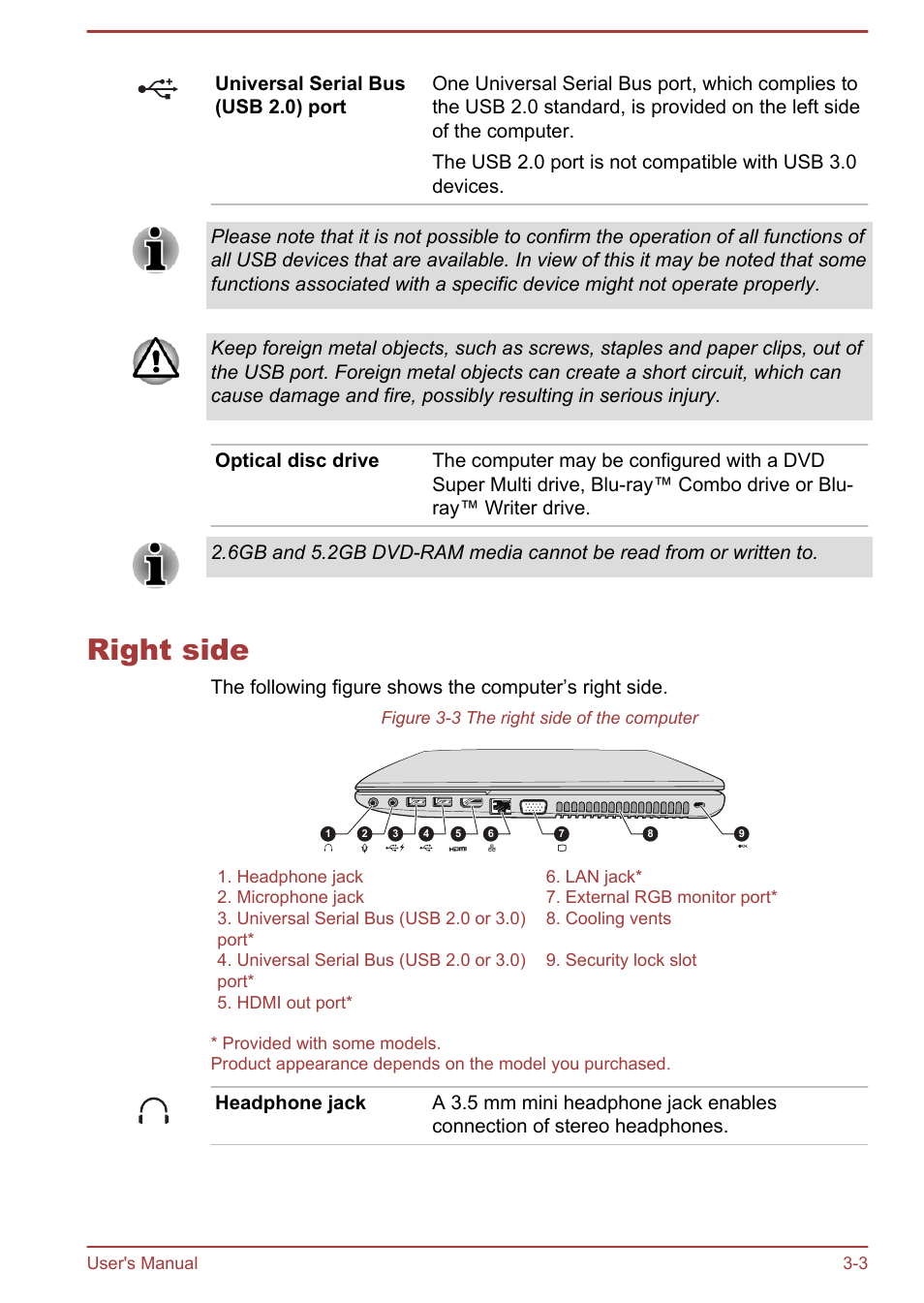 Right side, Right side -3 | Toshiba Satellite L855-B User Manual | Page 44 / 140