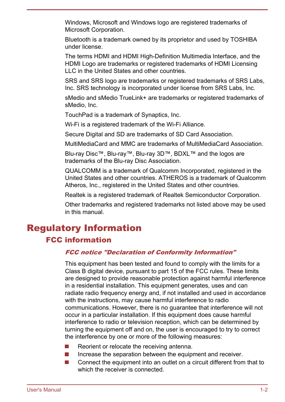Regulatory information, Fcc information, Regulatory information -2 | Toshiba Satellite L855-B User Manual | Page 6 / 140