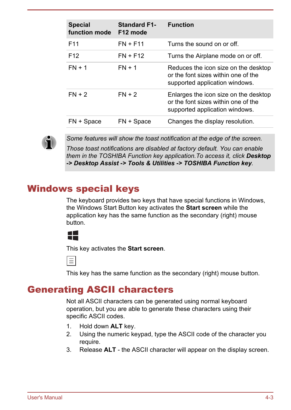 Windows special keys, Generating ascii characters | Toshiba Satellite L855-B User Manual | Page 61 / 140