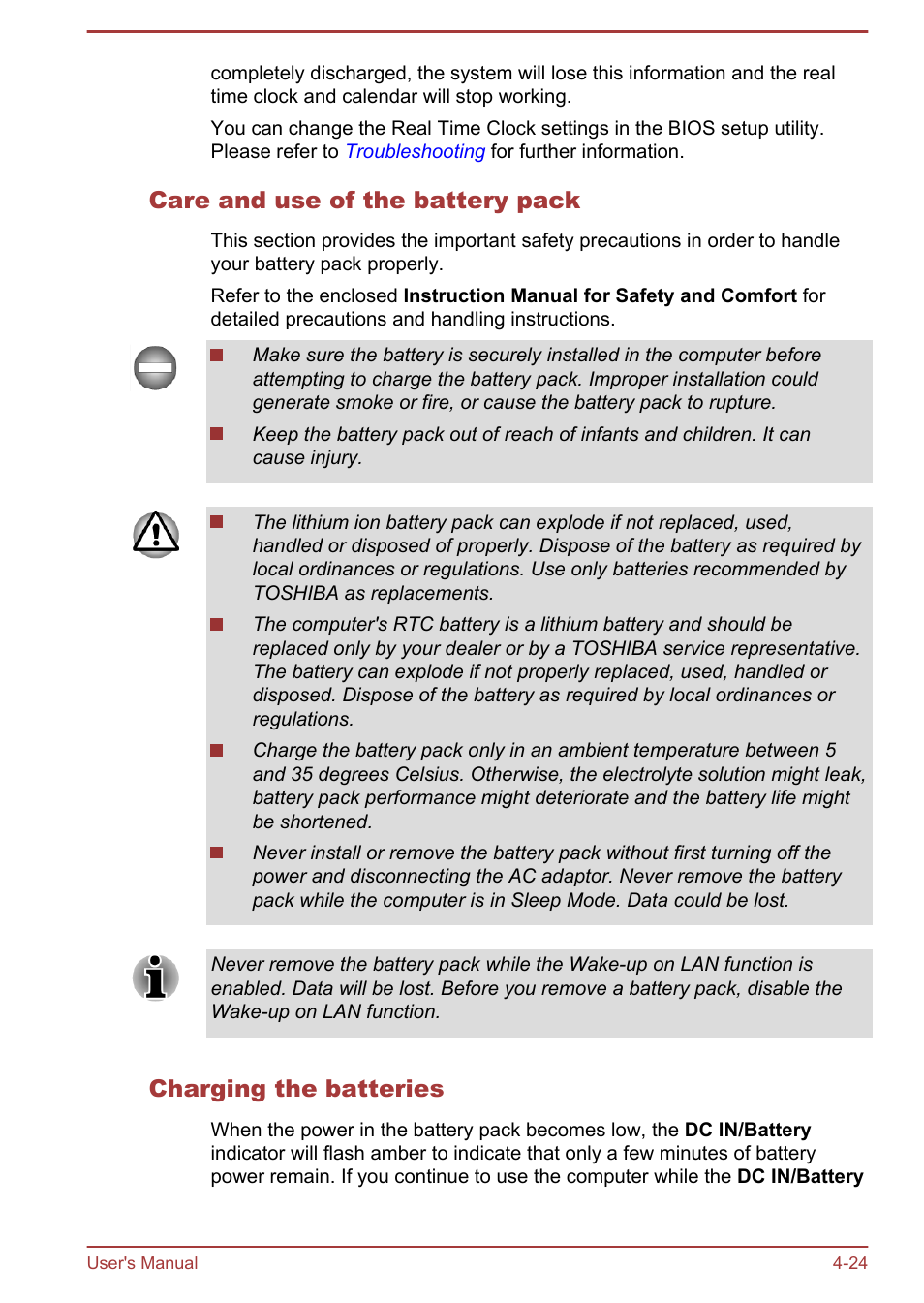 Care and use of the battery pack, Charging the batteries | Toshiba Satellite L855-B User Manual | Page 82 / 140