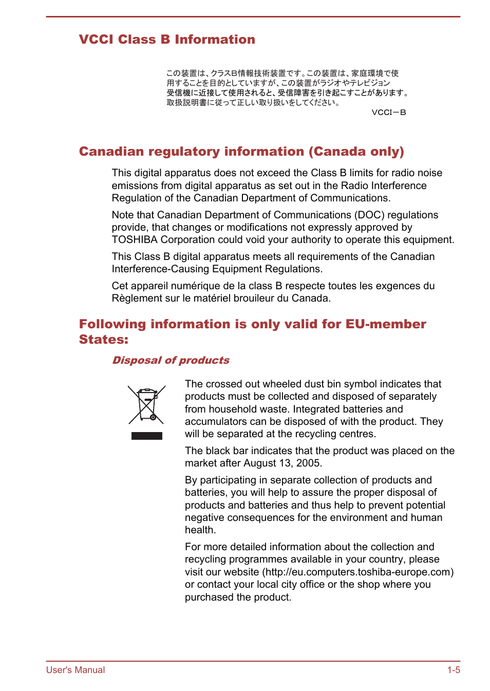 Vcci class b information, Canadian regulatory information (canada only) | Toshiba Satellite L855-B User Manual | Page 9 / 140