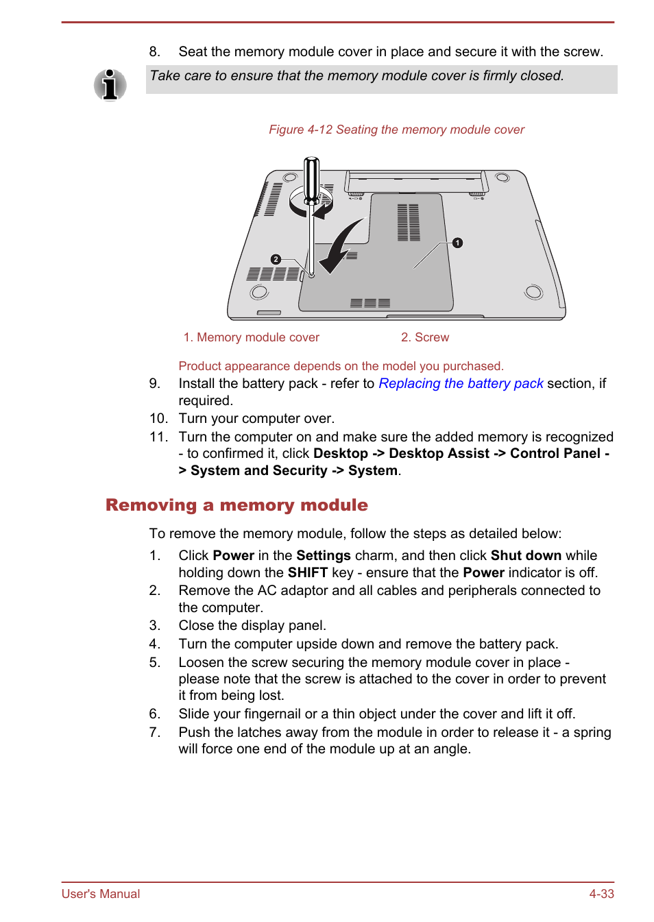 Removing a memory module | Toshiba Satellite L855-B User Manual | Page 91 / 140