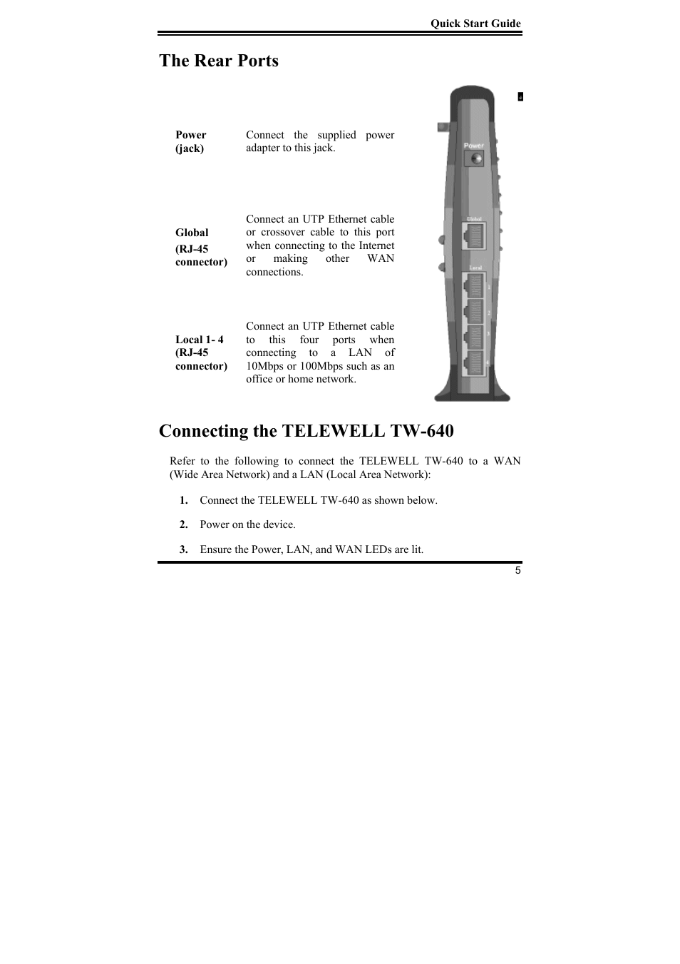 The rear ports, Connecting the telewell tw-640 | Addtron Technology TW-640 User Manual | Page 6 / 13