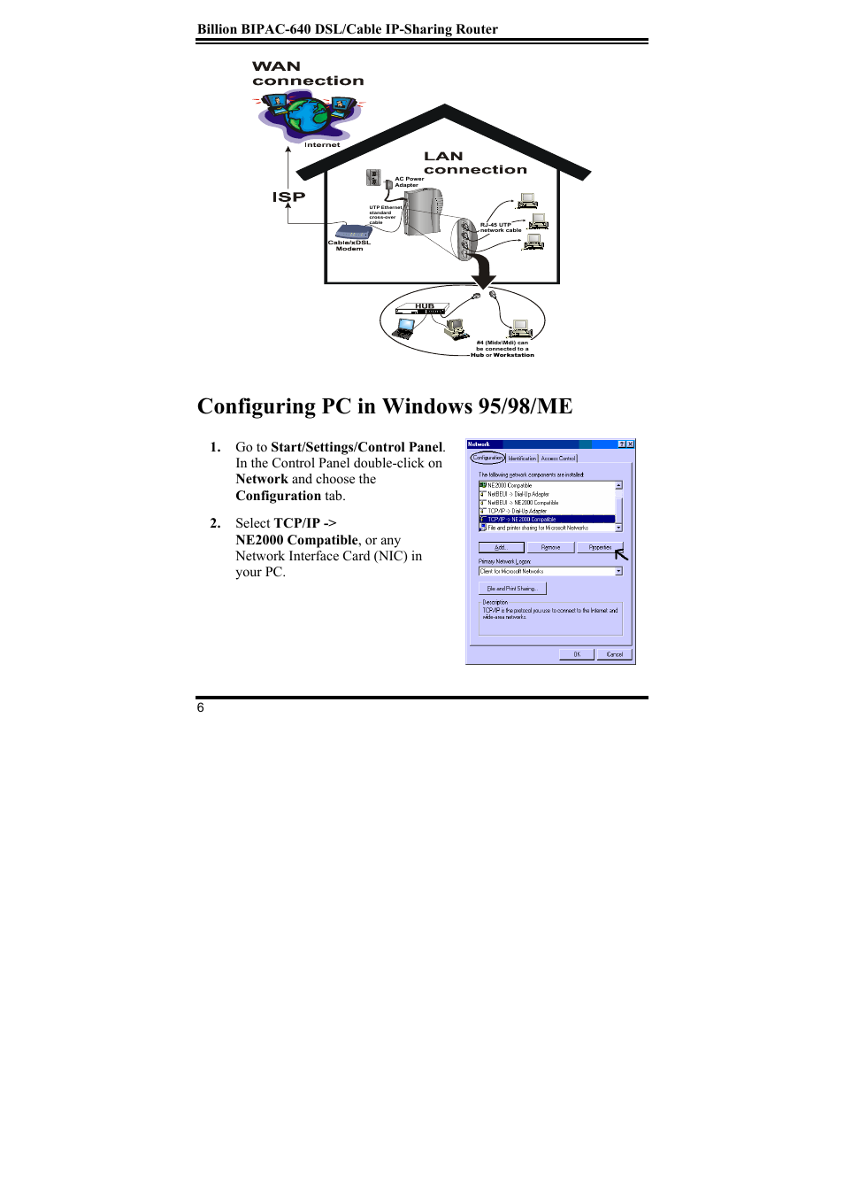 Configuring pc in windows 95/98/me, Billion bipac-640 dsl/cable ip-sharing router | Addtron Technology TW-640 User Manual | Page 7 / 13