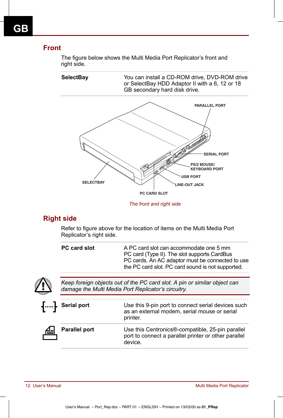 Front right side, Front, Right side | Toshiba Portege 3490 User Manual | Page 12 / 47
