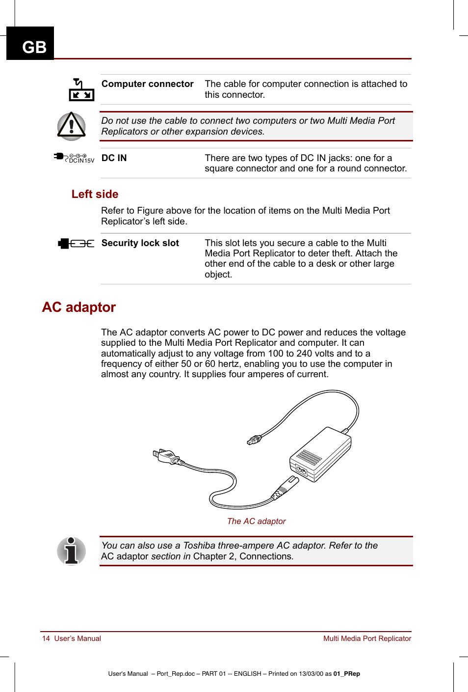 Ac adaptor, Left side | Toshiba Portege 3490 User Manual | Page 14 / 47