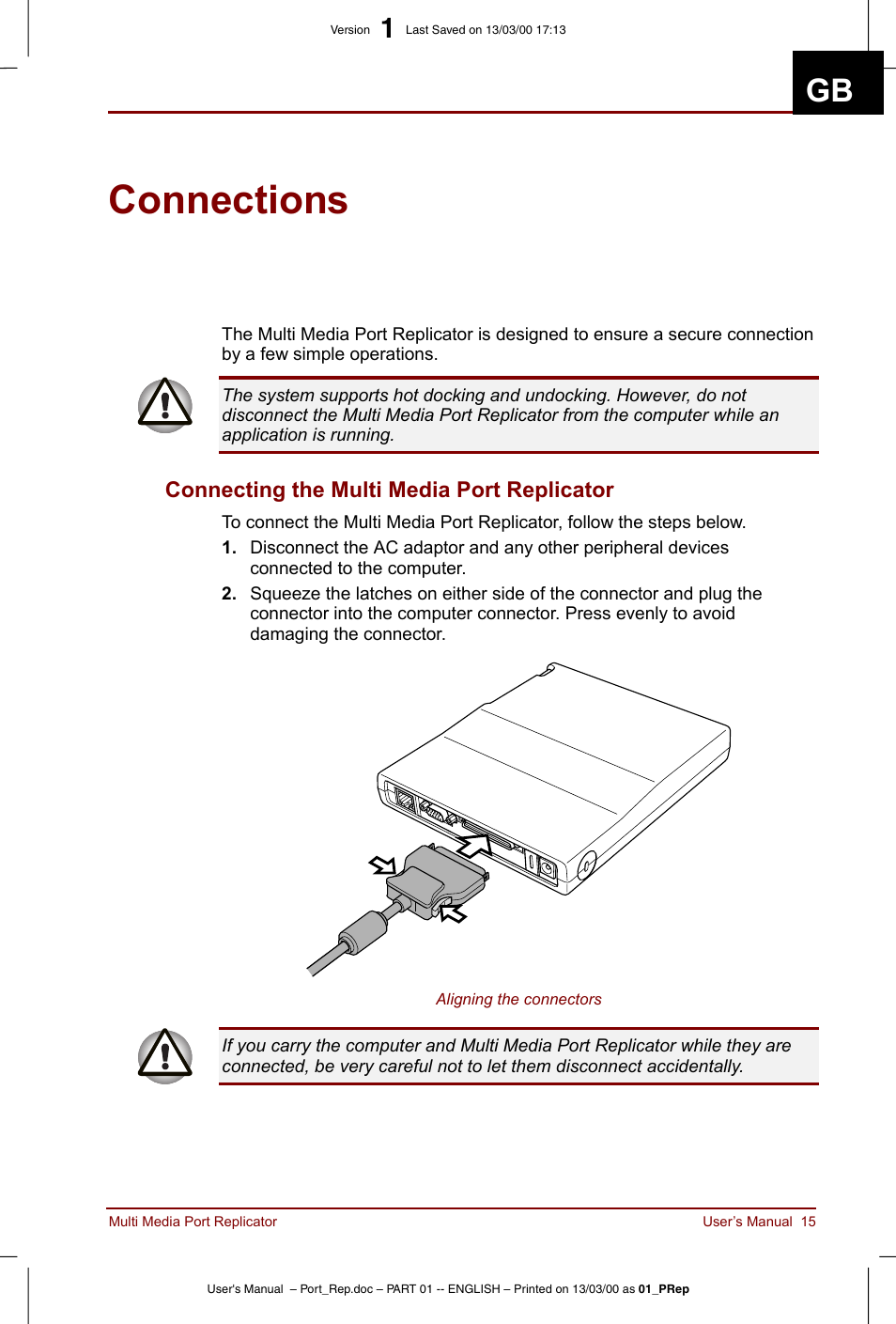 Connections, Connecting the multi media port replicator | Toshiba Portege 3490 User Manual | Page 15 / 47