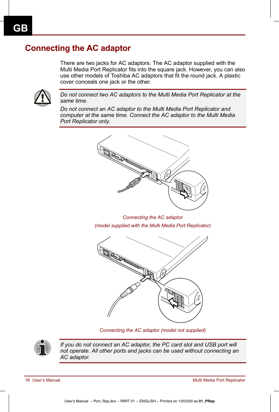 Connecting the ac adaptor | Toshiba Portege 3490 User Manual | Page 16 / 47