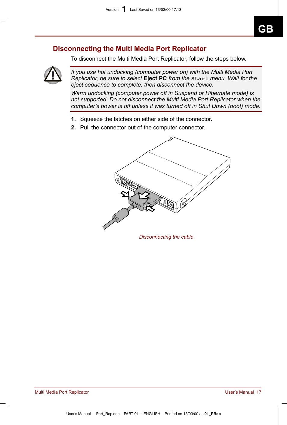 Disconnecting the multi media port replicator | Toshiba Portege 3490 User Manual | Page 17 / 47