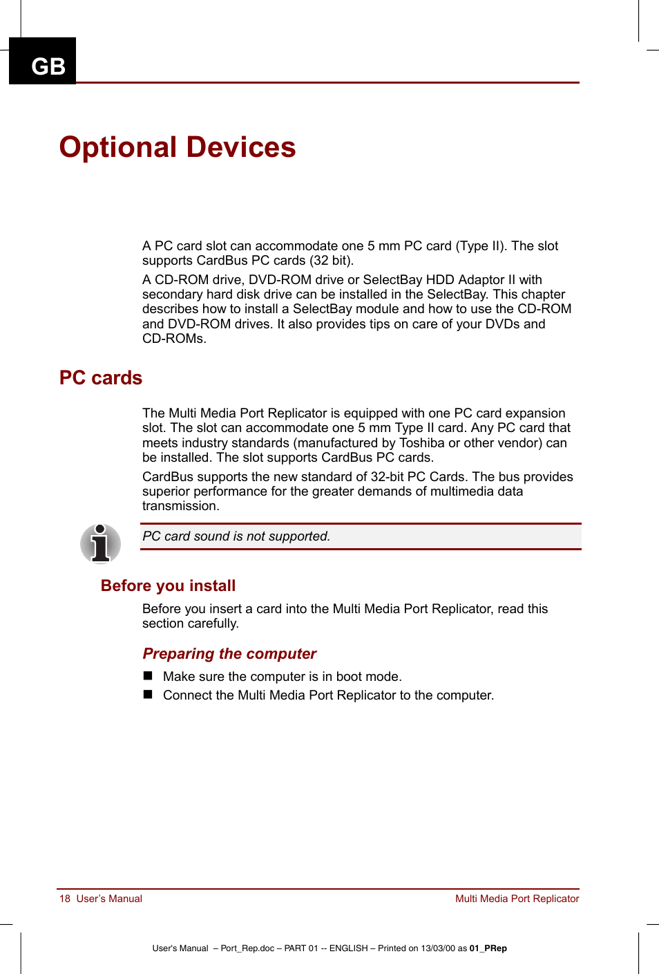 Optional devices, Pc cards, Before you install | Toshiba Portege 3490 User Manual | Page 18 / 47