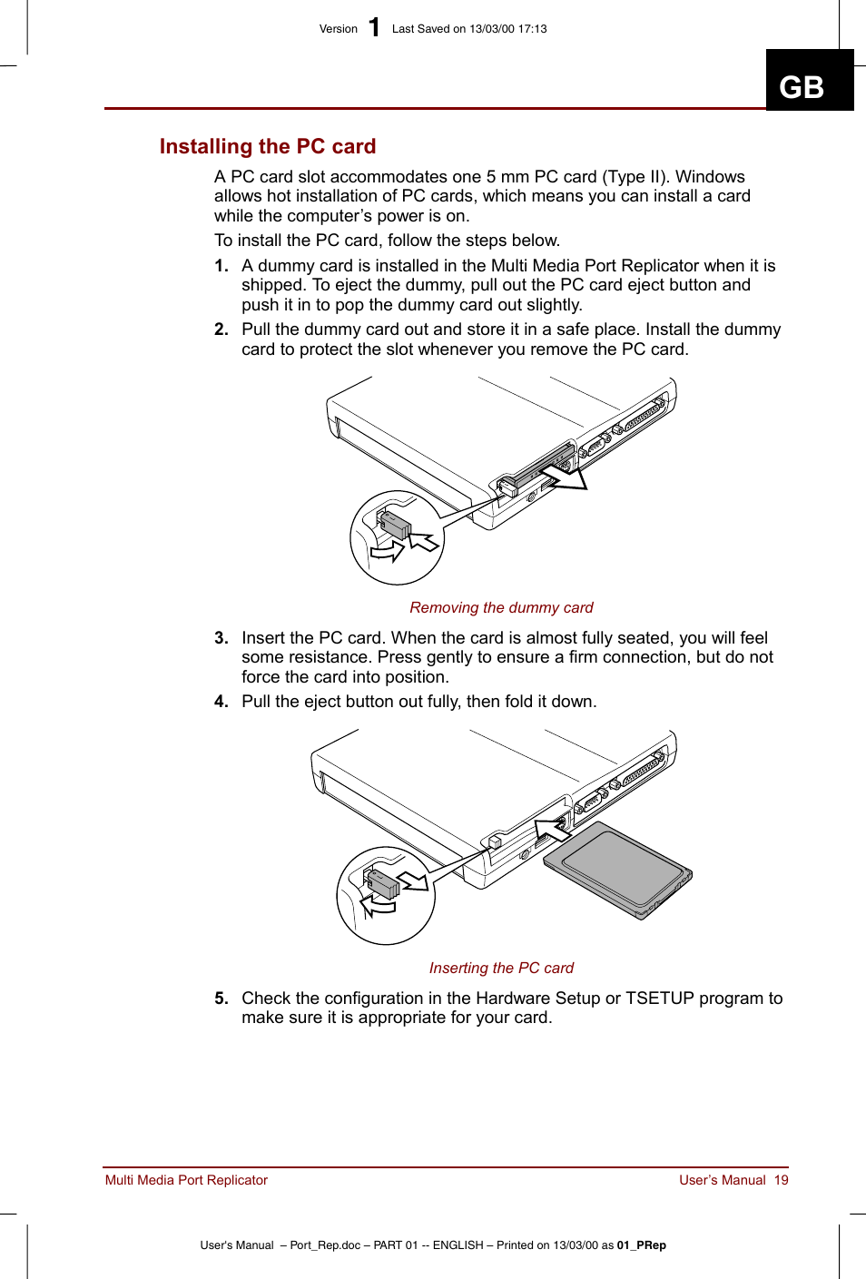 Installing the pc card | Toshiba Portege 3490 User Manual | Page 19 / 47