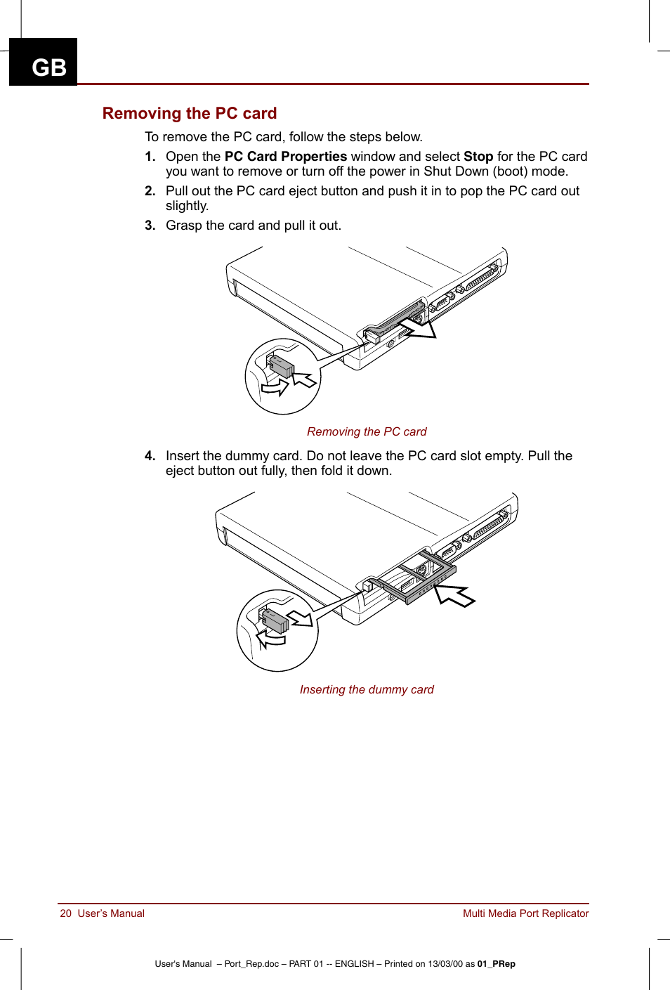 Removing the pc card | Toshiba Portege 3490 User Manual | Page 20 / 47