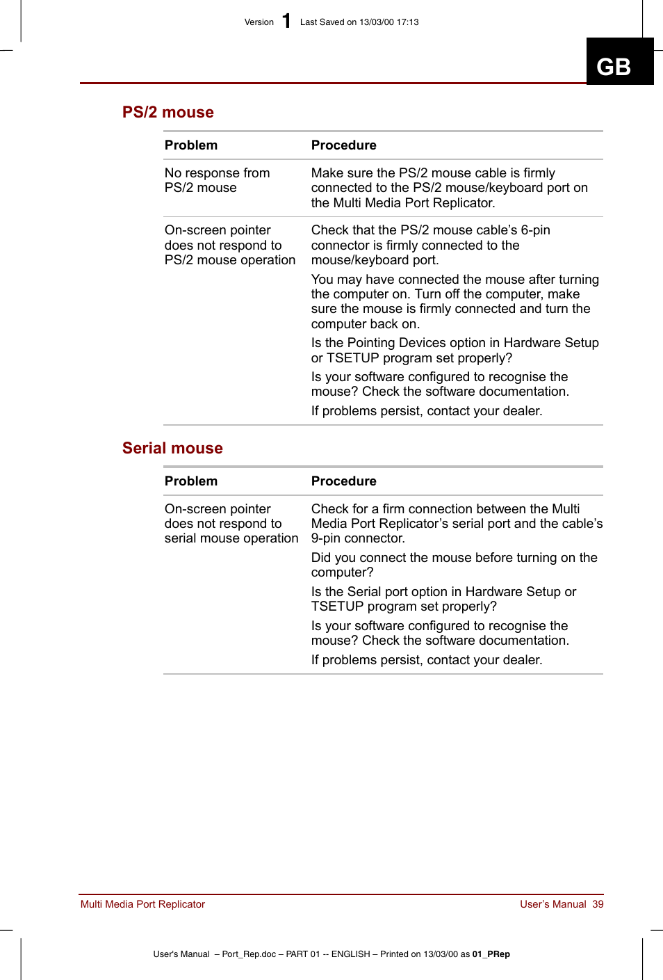 Ps/2 mouse serial mouse, Ps/2 mouse, Serial mouse | Toshiba Portege 3490 User Manual | Page 39 / 47