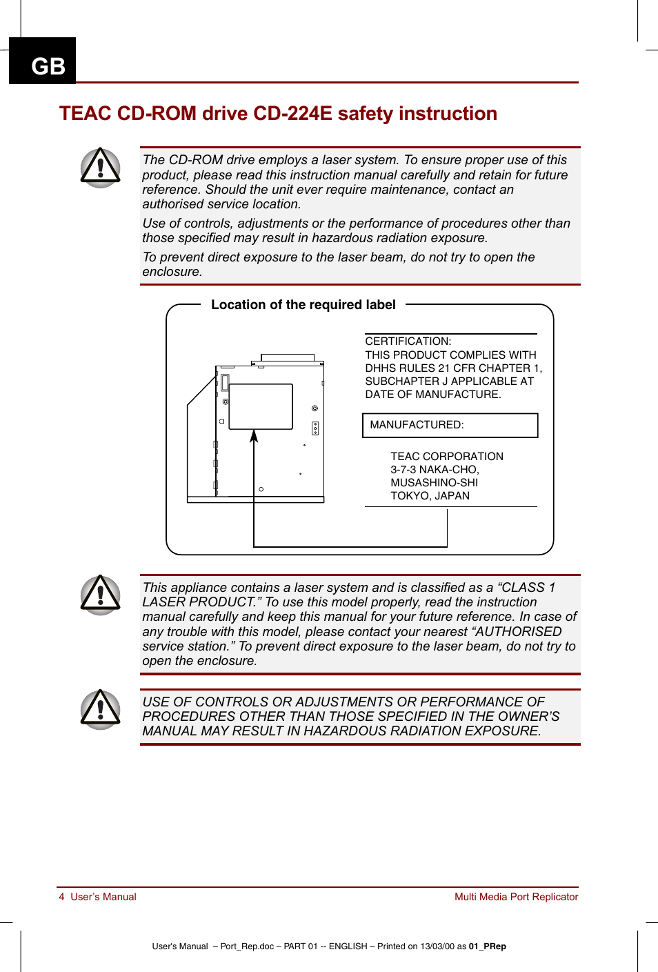 Teac cd-rom drive cd-224e safety instruction | Toshiba Portege 3490 User Manual | Page 4 / 47
