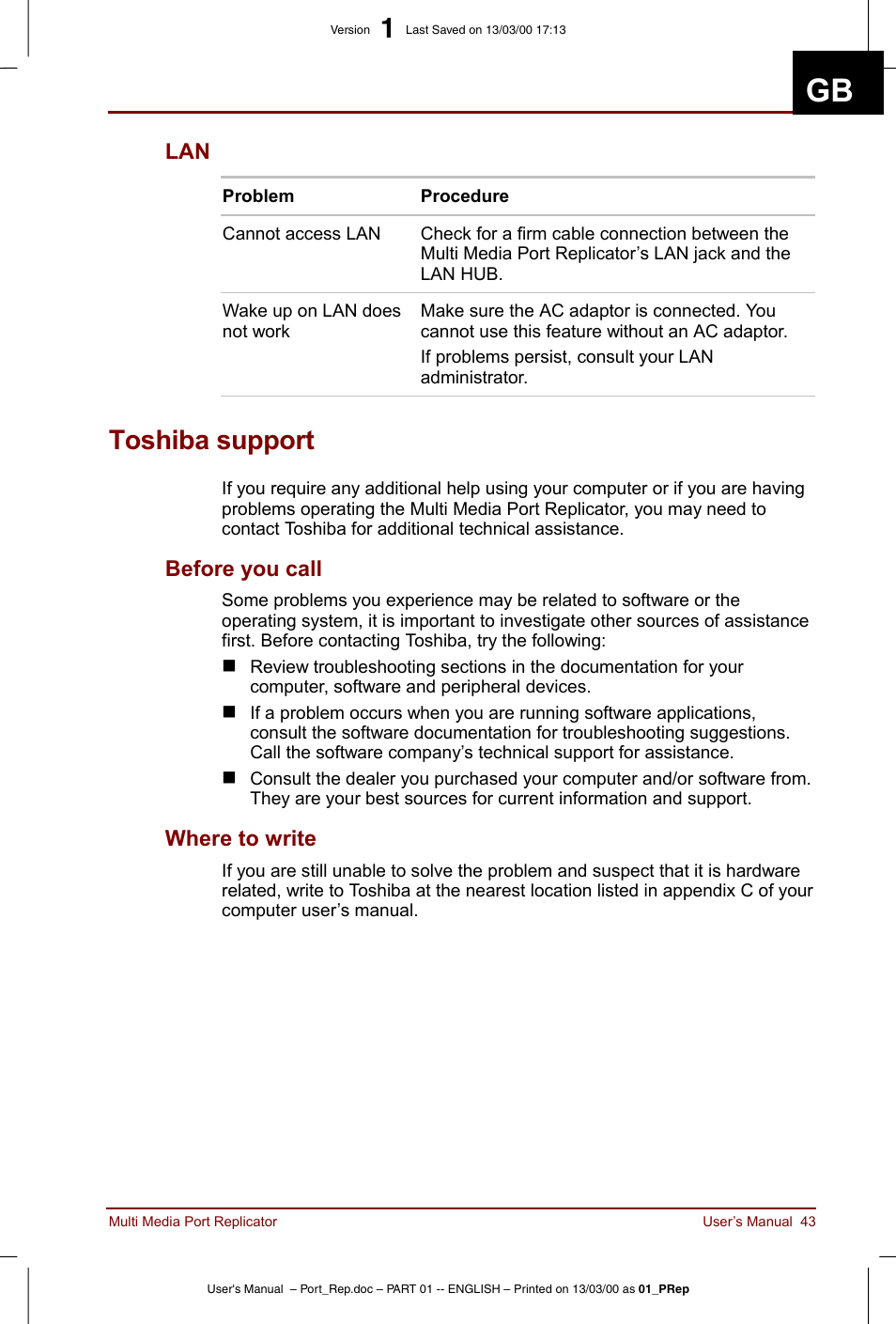 Toshiba support, Before you call where to write | Toshiba Portege 3490 User Manual | Page 43 / 47