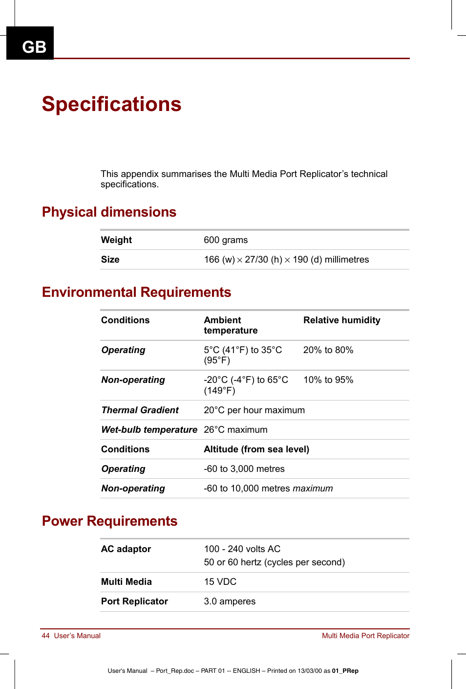 Specifications, Physical dimensions, Environmental requirements | Power requirements | Toshiba Portege 3490 User Manual | Page 44 / 47