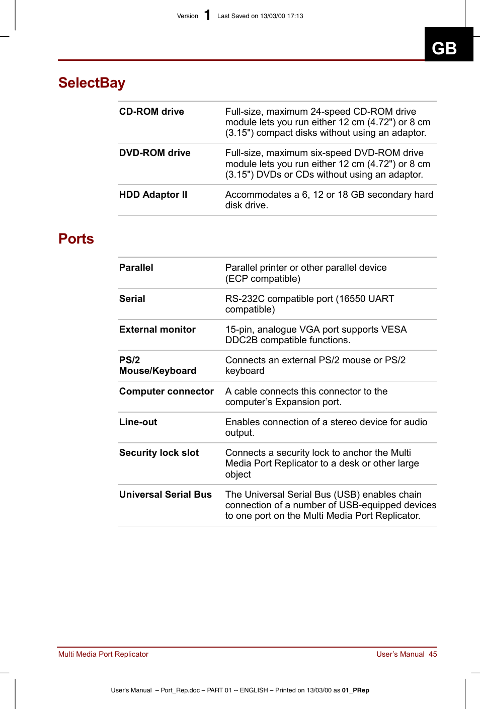Selectbay, Ports | Toshiba Portege 3490 User Manual | Page 45 / 47