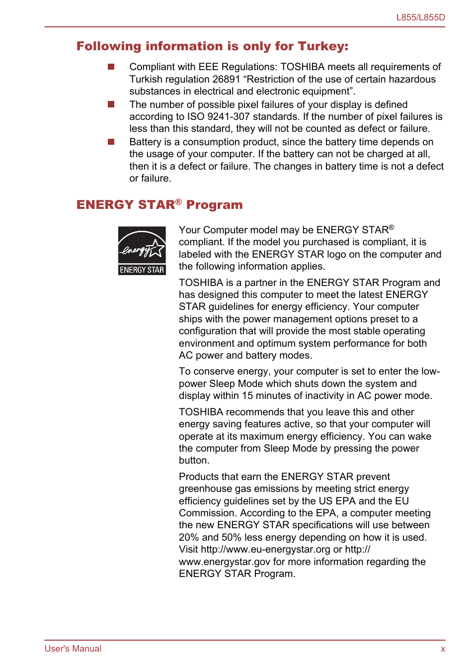 Following information is only for turkey, Energy star, Program | Toshiba Satellite L855 User Manual | Page 10 / 153