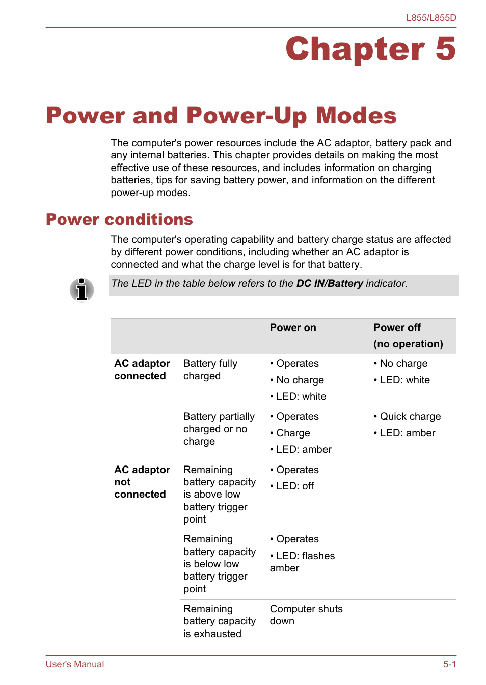 Chapter 5 power and power-up modes, Power conditions, Chapter 5 | Power and power-up modes, Power conditions -1, Please refer to chapter 5, Power and power-up, Modes, For more information on this feature, Power | Toshiba Satellite L855 User Manual | Page 104 / 153