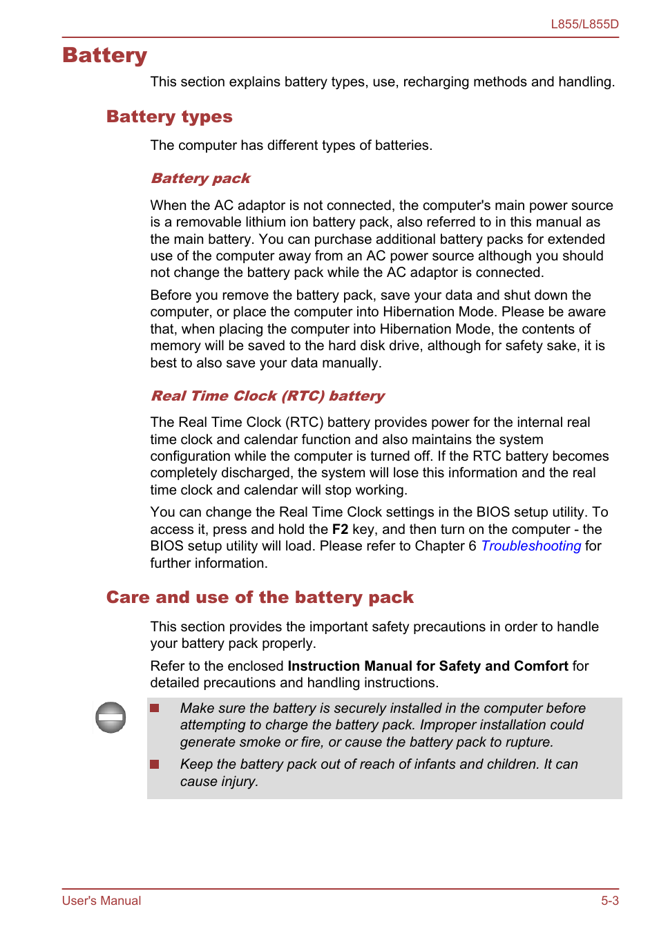 Battery, Battery types, Care and use of the battery pack | Battery -3 | Toshiba Satellite L855 User Manual | Page 106 / 153