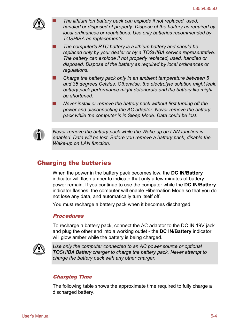 Charging the batteries | Toshiba Satellite L855 User Manual | Page 107 / 153