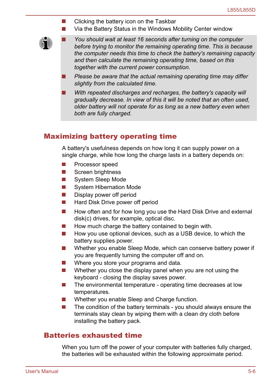 Maximizing battery operating time, Batteries exhausted time | Toshiba Satellite L855 User Manual | Page 109 / 153