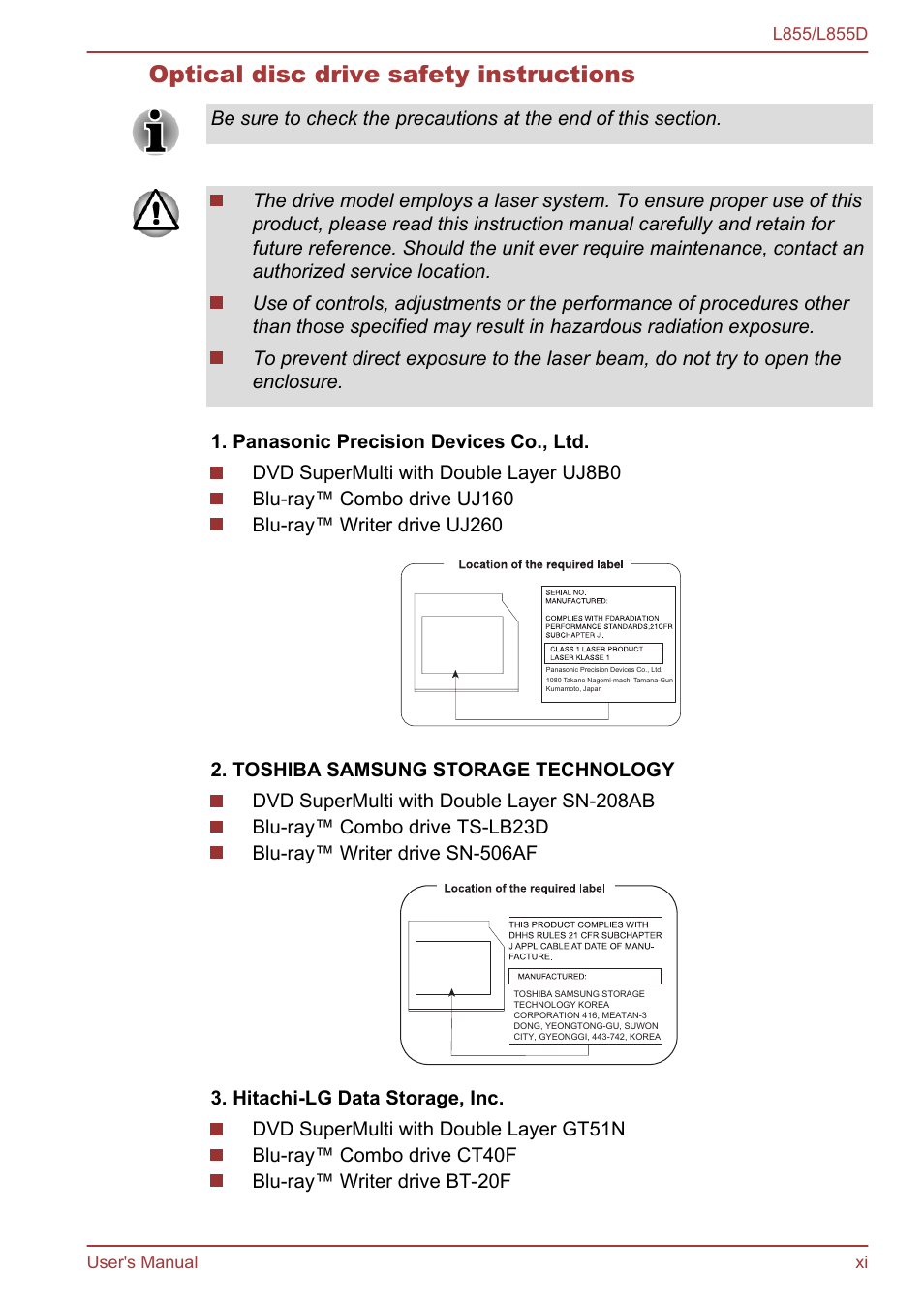 Optical disc drive safety instructions | Toshiba Satellite L855 User Manual | Page 11 / 153