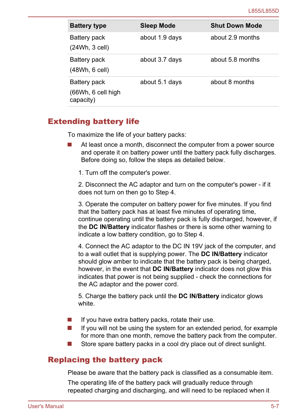 Extending battery life, Replacing the battery pack, Section in | Toshiba Satellite L855 User Manual | Page 110 / 153
