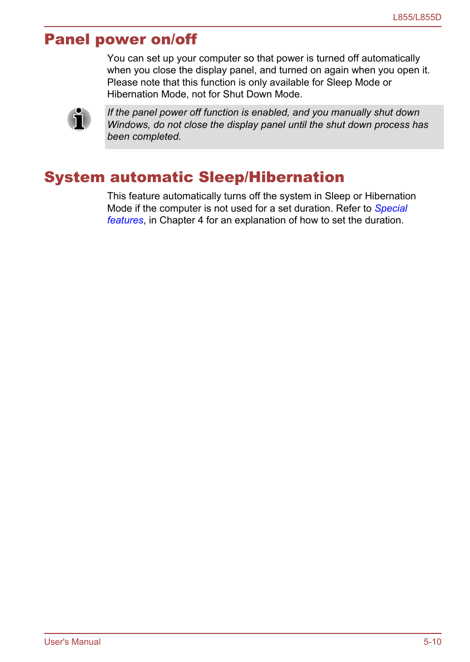Panel power on/off, System automatic sleep/hibernation | Toshiba Satellite L855 User Manual | Page 113 / 153