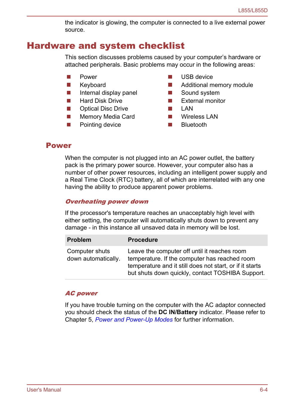 Hardware and system checklist, Power, Hardware and system checklist -4 | Toshiba Satellite L855 User Manual | Page 117 / 153