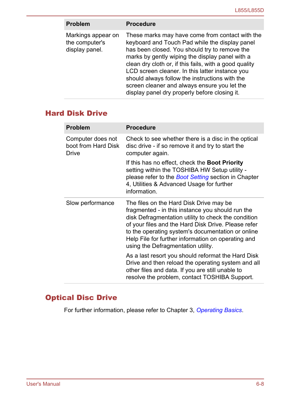 Hard disk drive, Optical disc drive | Toshiba Satellite L855 User Manual | Page 121 / 153