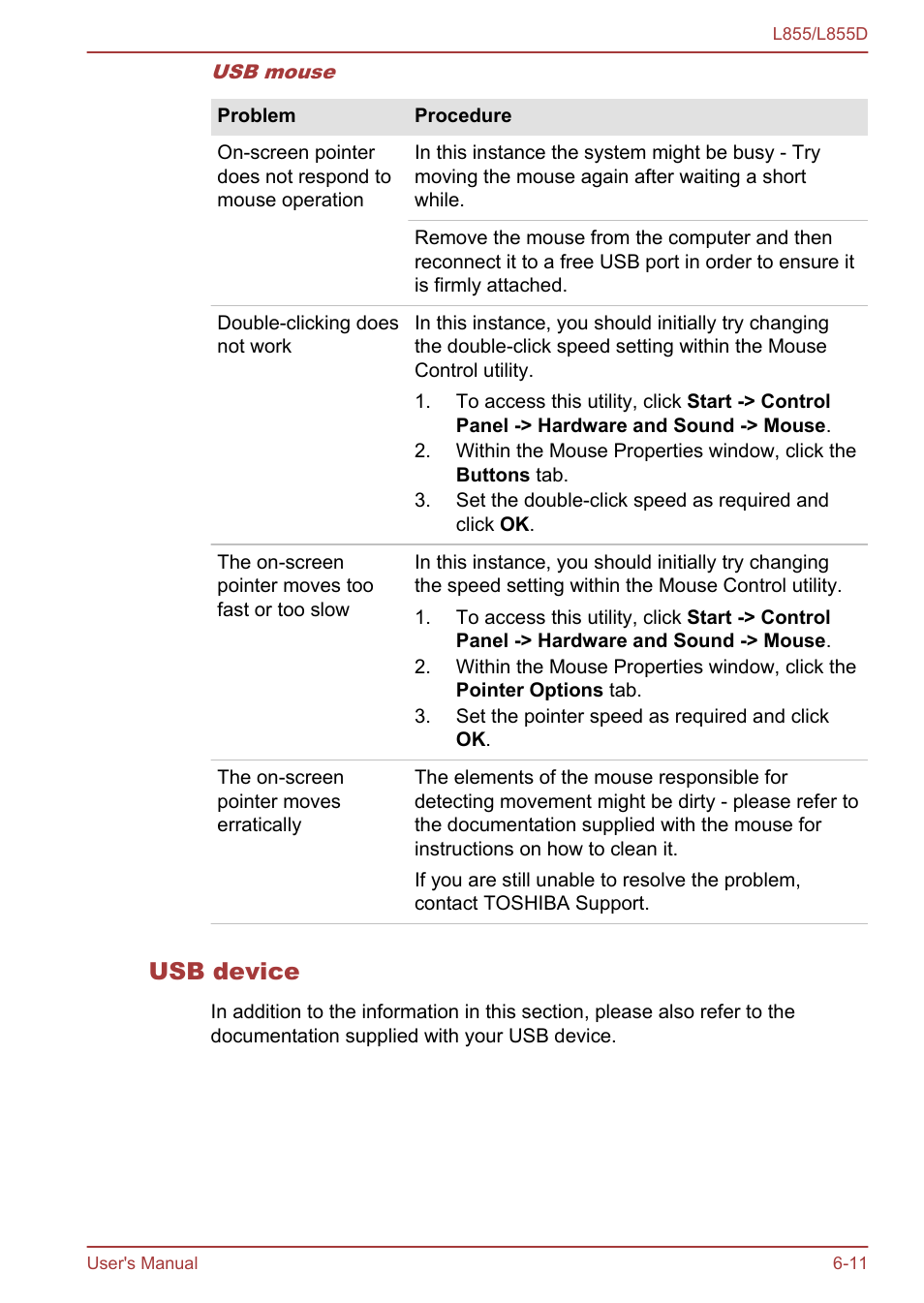 Usb device, Mouse | Toshiba Satellite L855 User Manual | Page 124 / 153