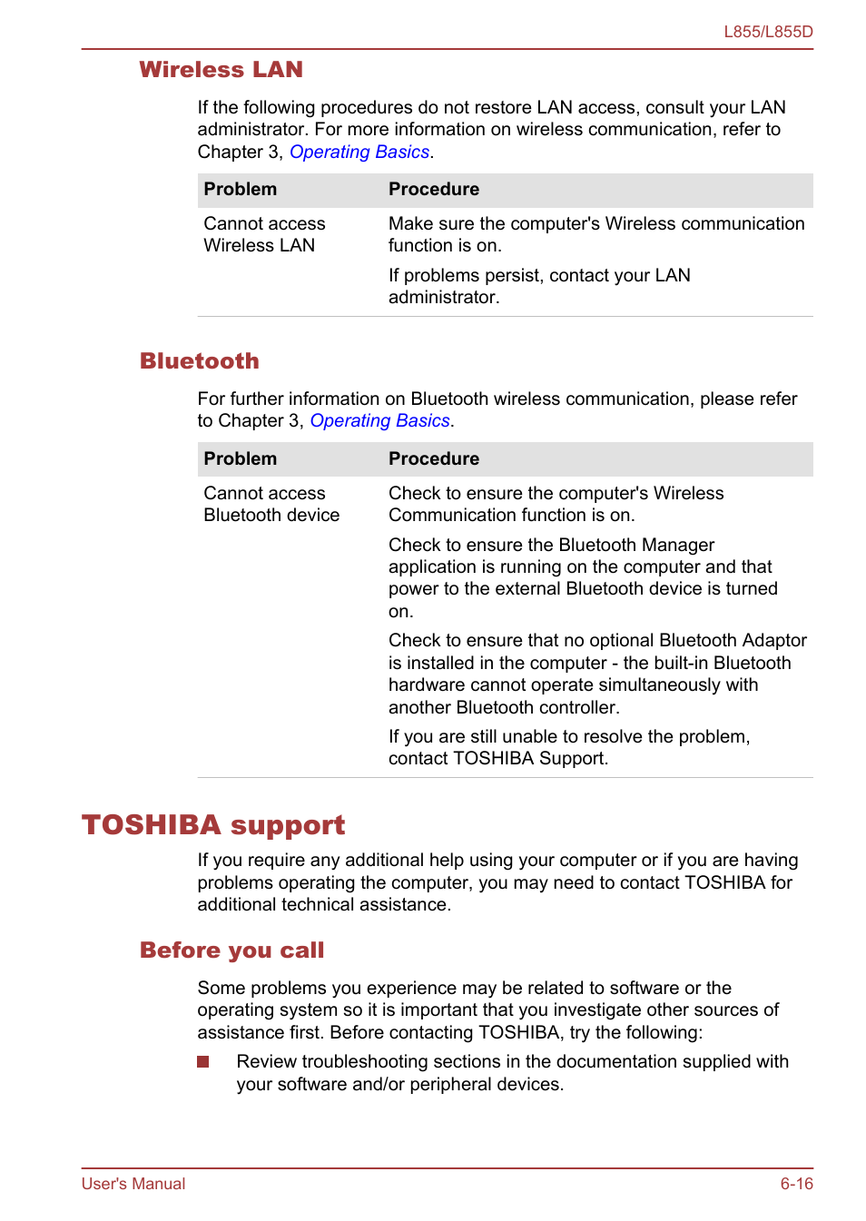 Wireless lan, Bluetooth, Toshiba support | Before you call, Toshiba support -16 | Toshiba Satellite L855 User Manual | Page 129 / 153