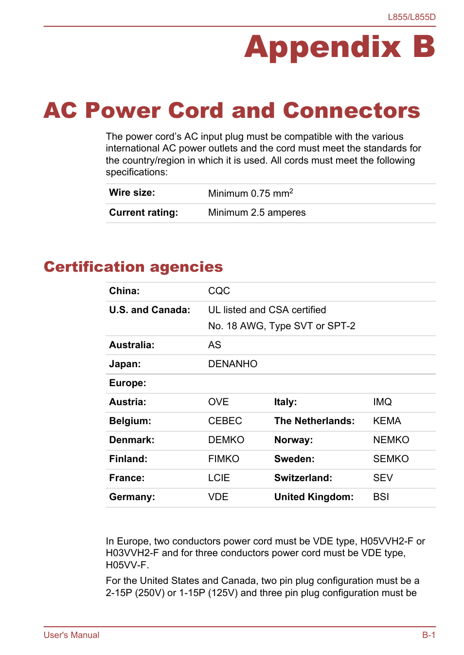 Appendix b ac power cord and connectors, Certification agencies, Appendix b | Ac power cord and connectors | Toshiba Satellite L855 User Manual | Page 133 / 153