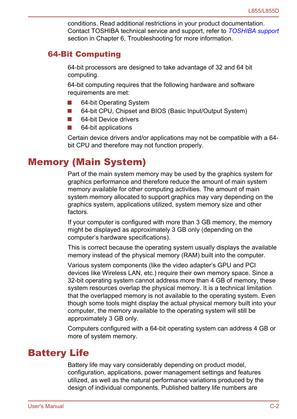 Bit computing, Memory (main system), Battery life | Toshiba Satellite L855 User Manual | Page 136 / 153