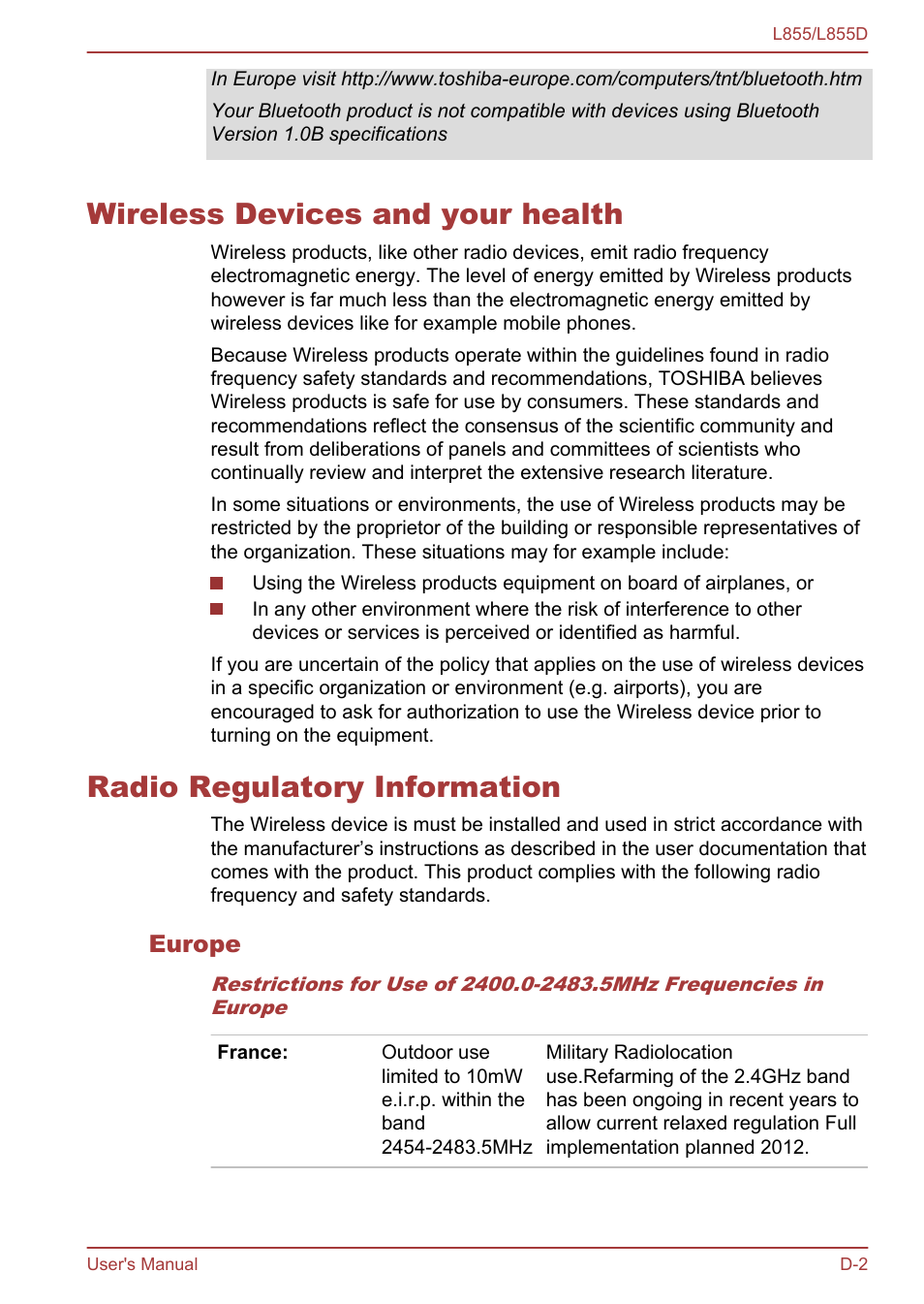 Wireless devices and your health, Radio regulatory information, Europe | Toshiba Satellite L855 User Manual | Page 140 / 153