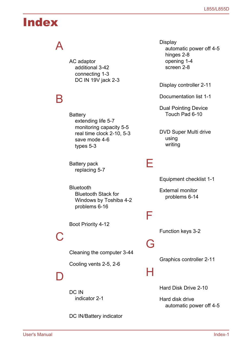 Index, Index a | Toshiba Satellite L855 User Manual | Page 151 / 153