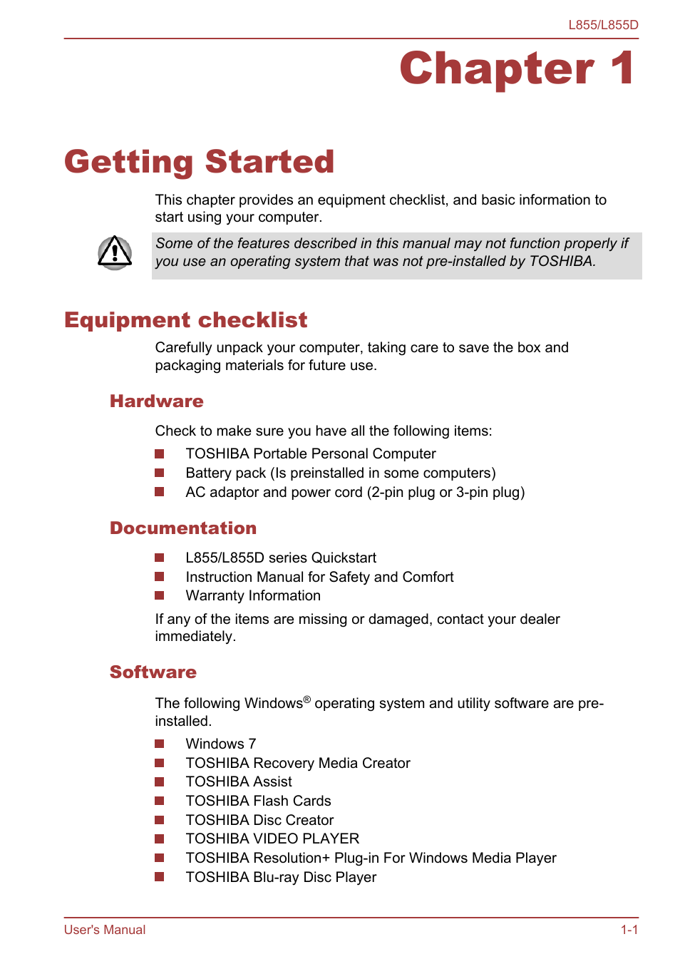 Chapter 1 getting started, Equipment checklist, Hardware | Documentation, Software, Chapter 1, Getting started, Equipment checklist -1 | Toshiba Satellite L855 User Manual | Page 17 / 153