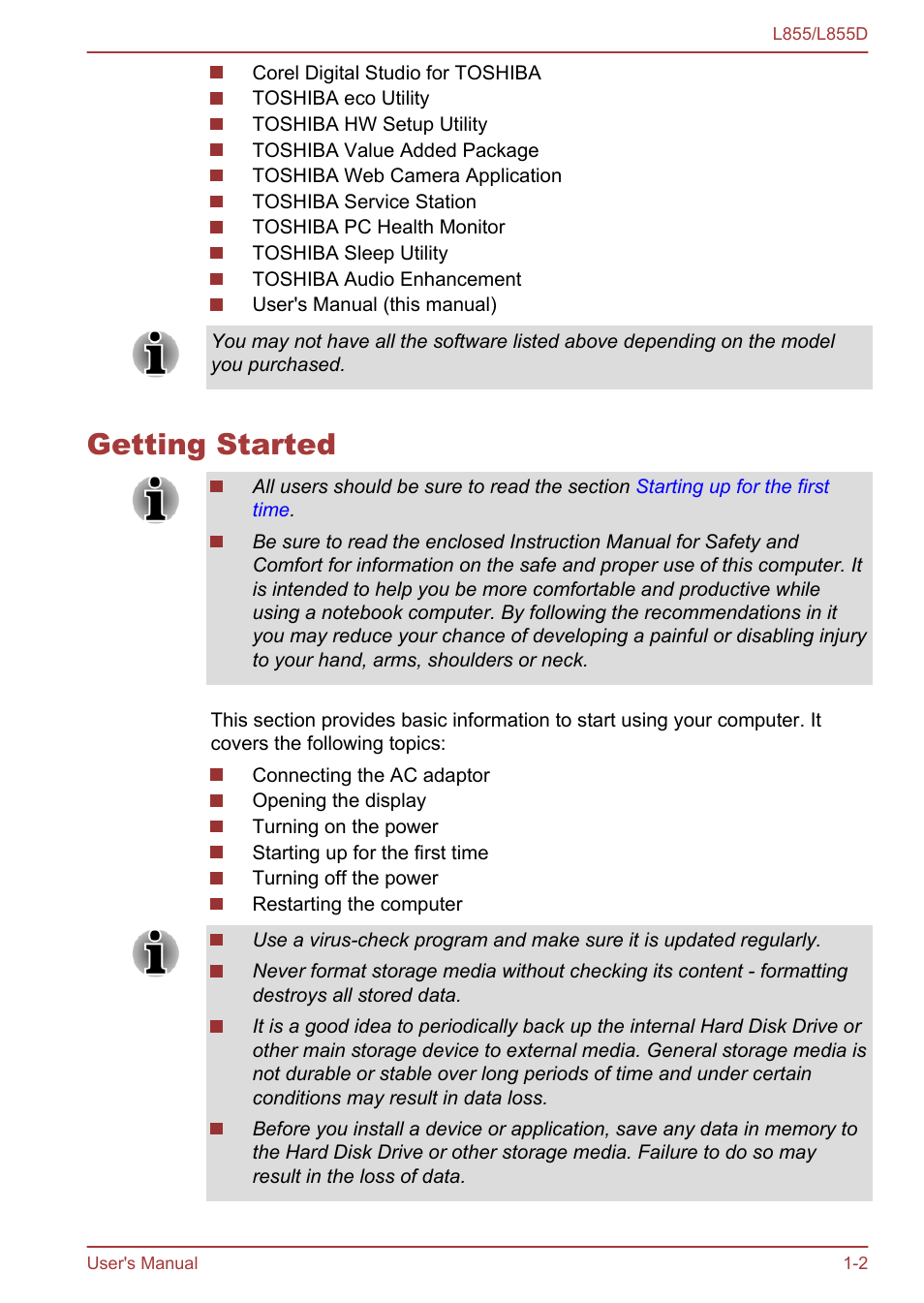 Getting started, Getting started -2 | Toshiba Satellite L855 User Manual | Page 18 / 153