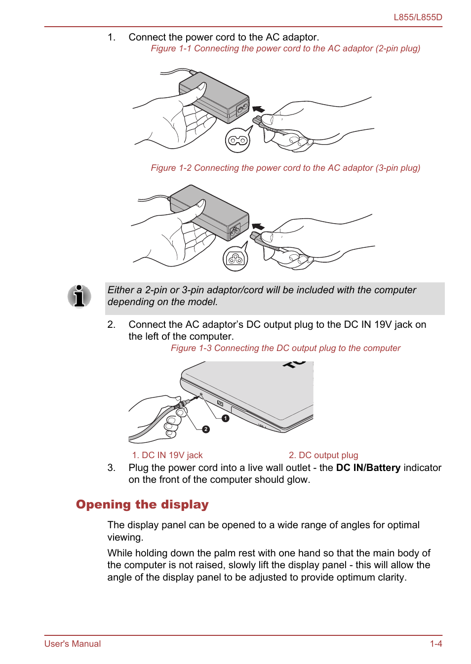 Opening the display | Toshiba Satellite L855 User Manual | Page 20 / 153