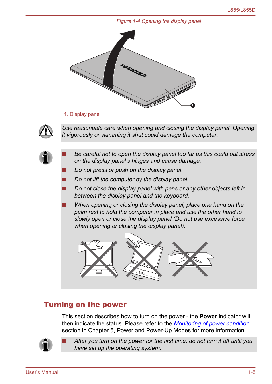 Turning on the power | Toshiba Satellite L855 User Manual | Page 21 / 153