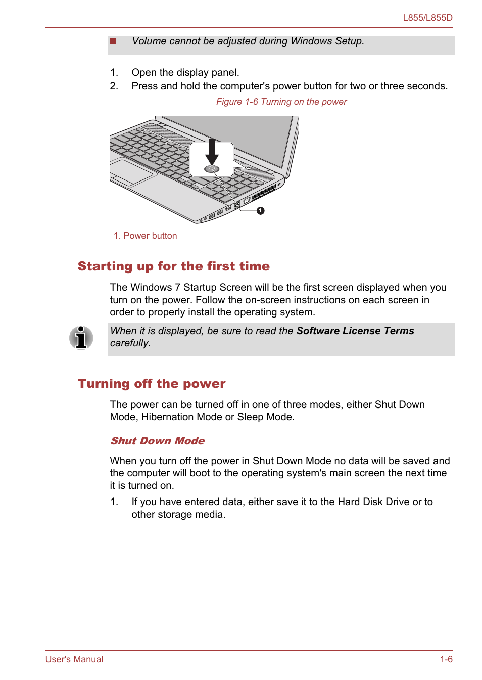 Starting up for the first time, Turning off the power | Toshiba Satellite L855 User Manual | Page 22 / 153