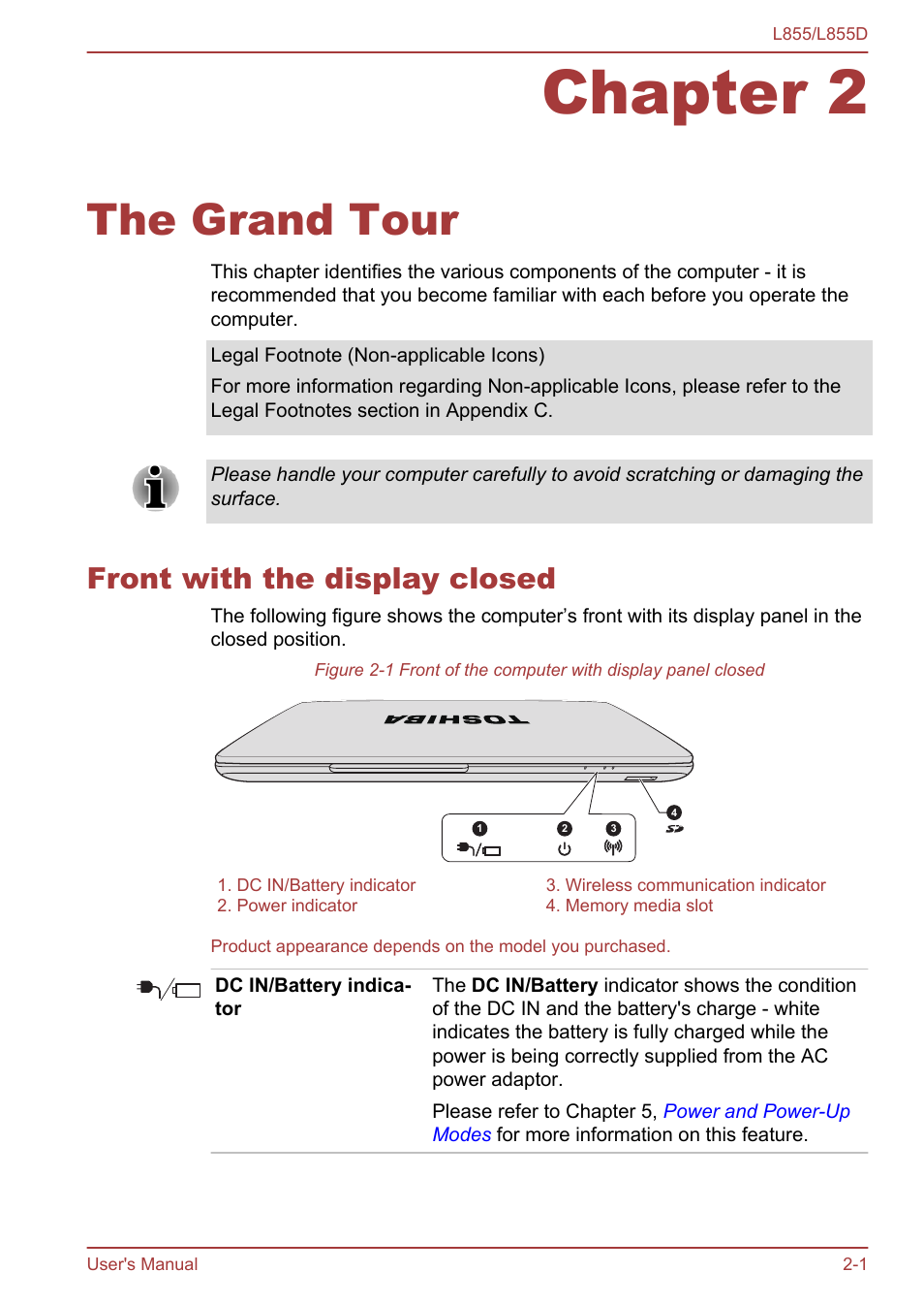 Chapter 2 the grand tour, Front with the display closed, Chapter 2 | The grand tour, Front with the display closed -1 | Toshiba Satellite L855 User Manual | Page 27 / 153