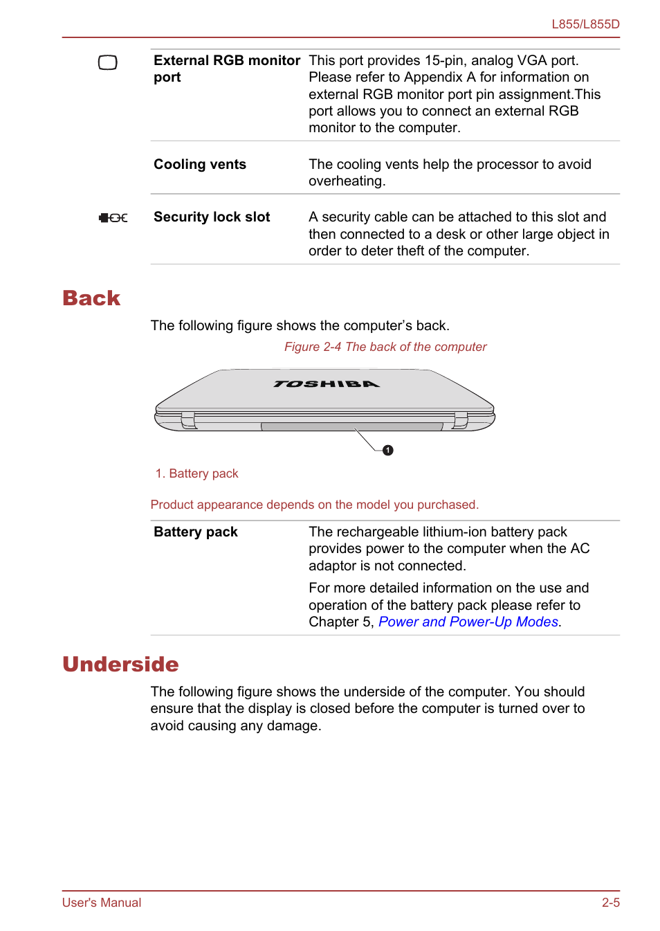 Back, Underside, Back -5 underside -5 | Toshiba Satellite L855 User Manual | Page 31 / 153