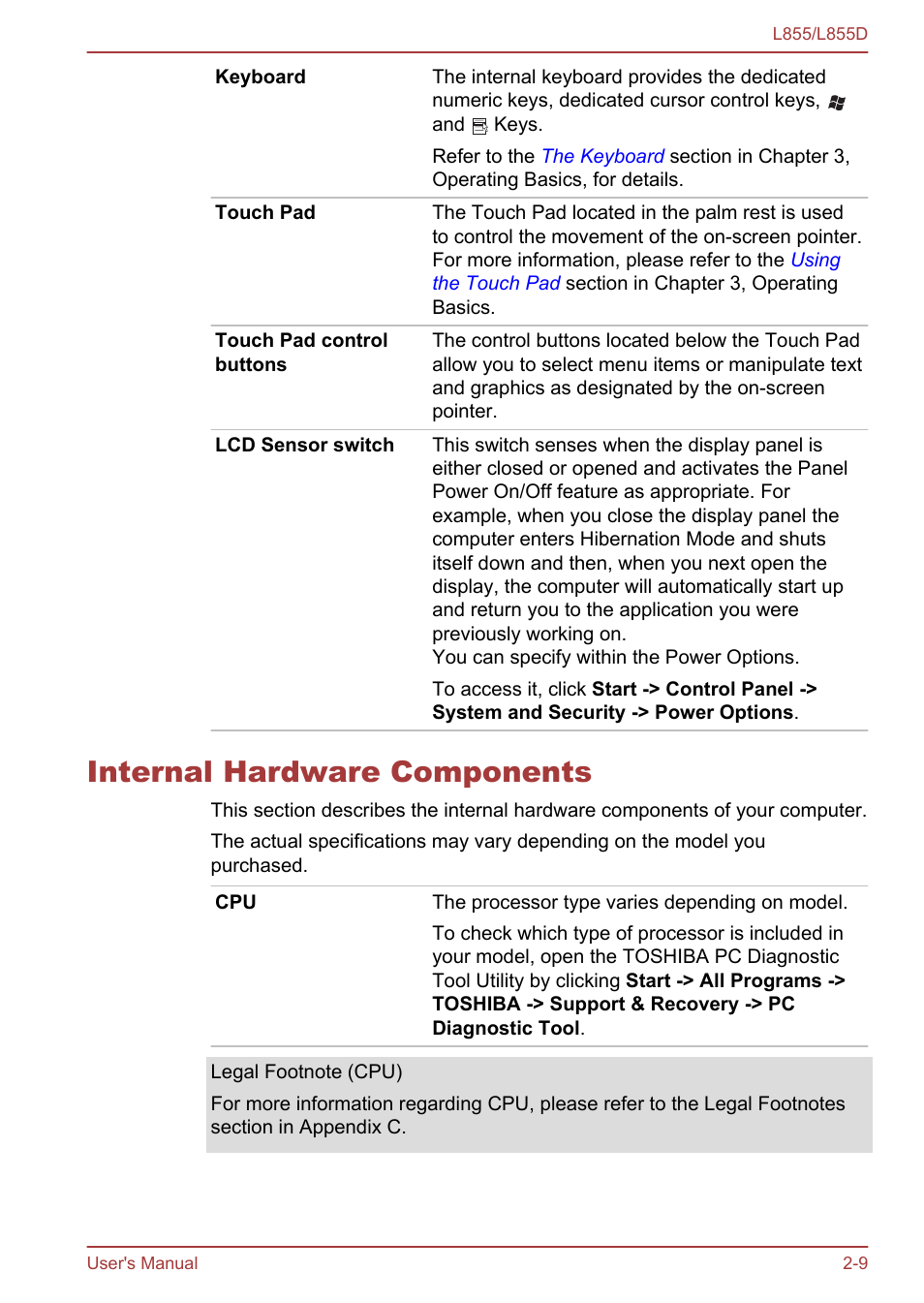 Internal hardware components, Internal hardware components -9 | Toshiba Satellite L855 User Manual | Page 35 / 153