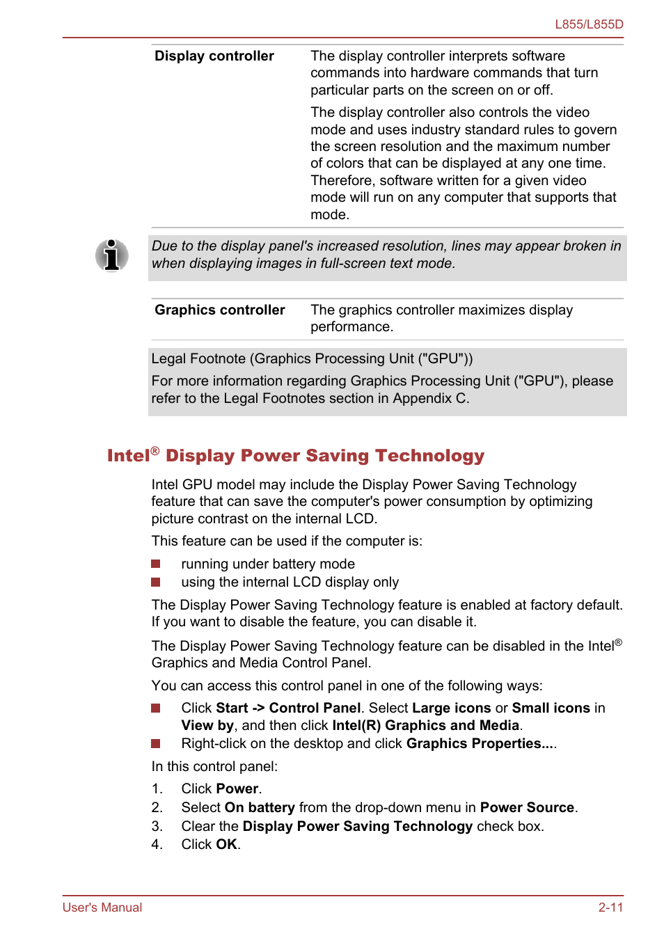 Intel® display power saving technology, Intel, Display power saving technology | Toshiba Satellite L855 User Manual | Page 37 / 153