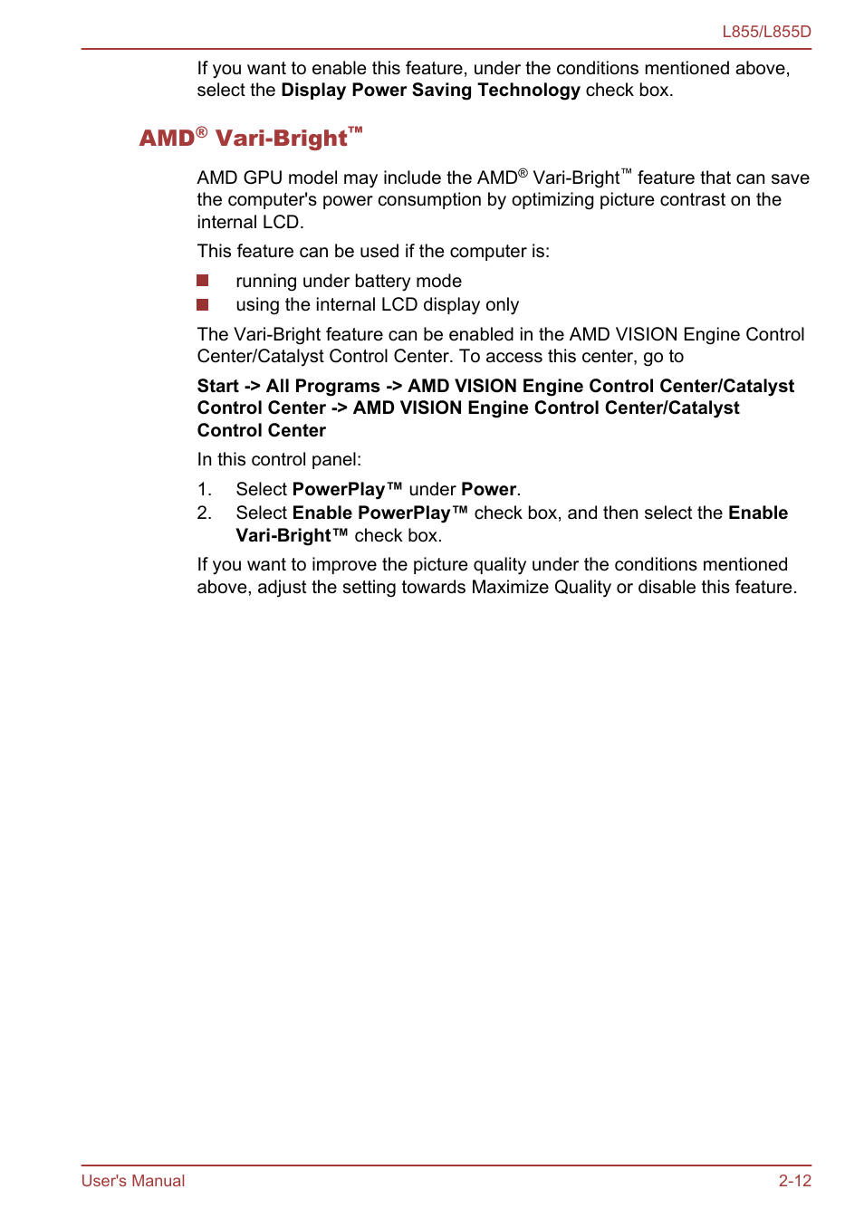 Amd® vari-bright, Vari-bright | Toshiba Satellite L855 User Manual | Page 38 / 153