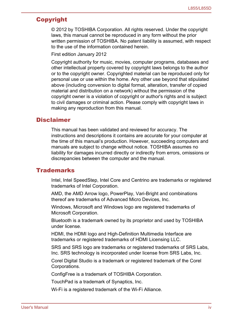 Toshiba Satellite L855 User Manual | Page 4 / 153