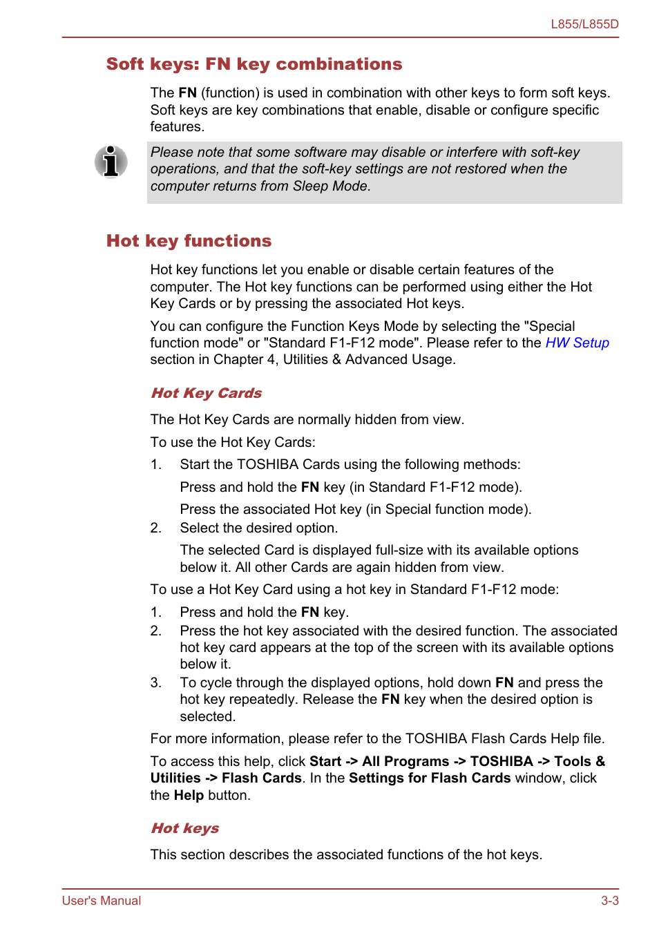 Soft keys: fn key combinations, Hot key functions | Toshiba Satellite L855 User Manual | Page 41 / 153
